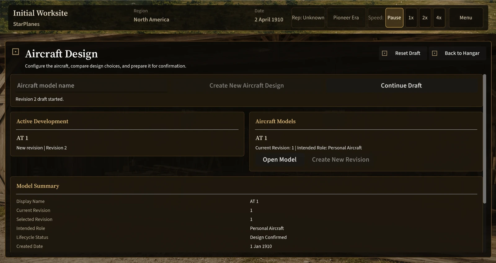 Aircraft Design portfolio with a confirmed aircraft model and the option to create a new revision